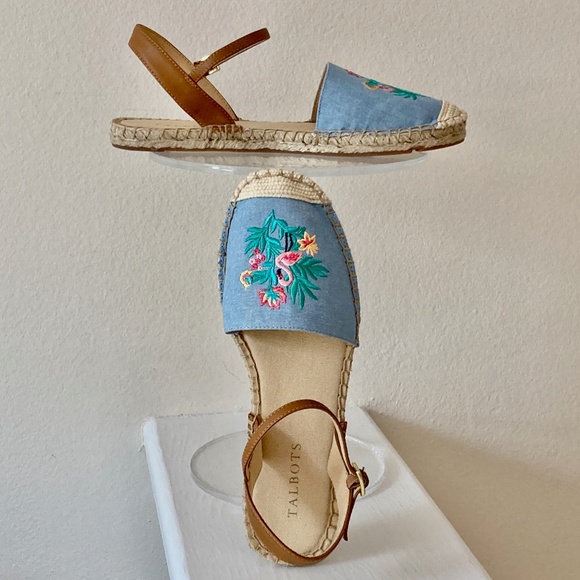 NIB Talbots Denim Espadrilles 7M Embroidered Flamingo Chambray Izzy d'Orsay - Picture 4 of 11